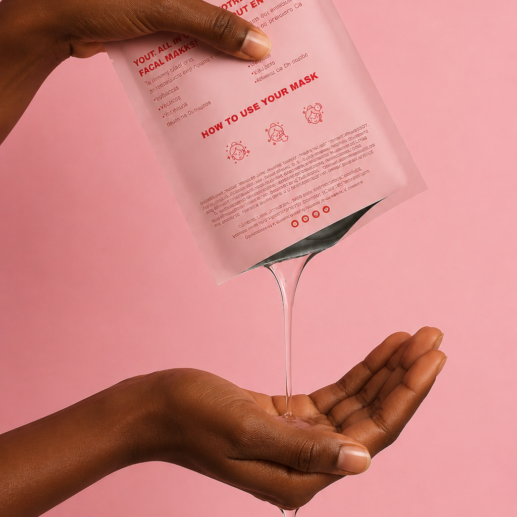 A person holds a pink face mask packet over their open palm, with a thin stream of clear mask gel dripping into the palm against a solid pink background.