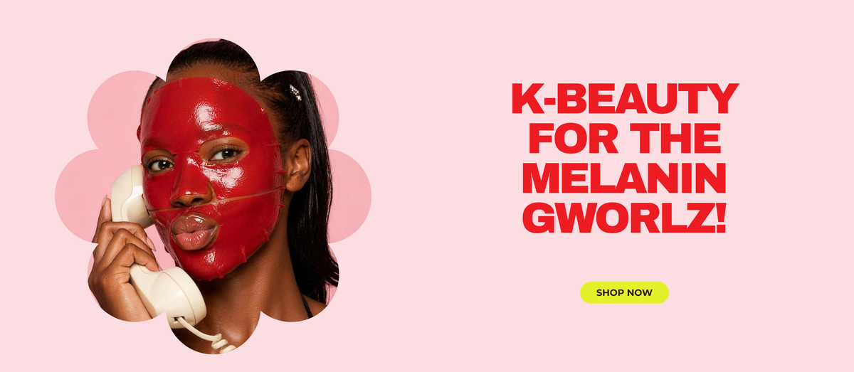 K-beauty for the melanin gworlz: Black woman wearing a red Glamquest HydraGlow Korean hydrogel face mask