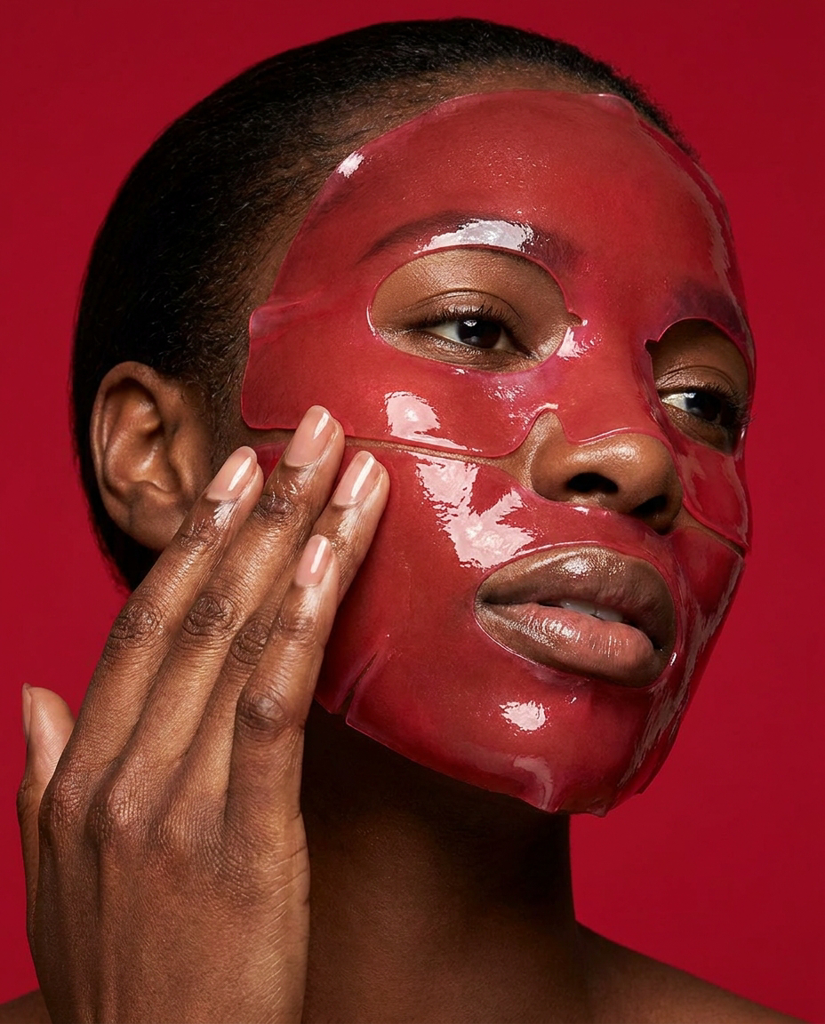 Woman with dark hair applying a glossy red Glamquest hydrogel face mask against a red background.